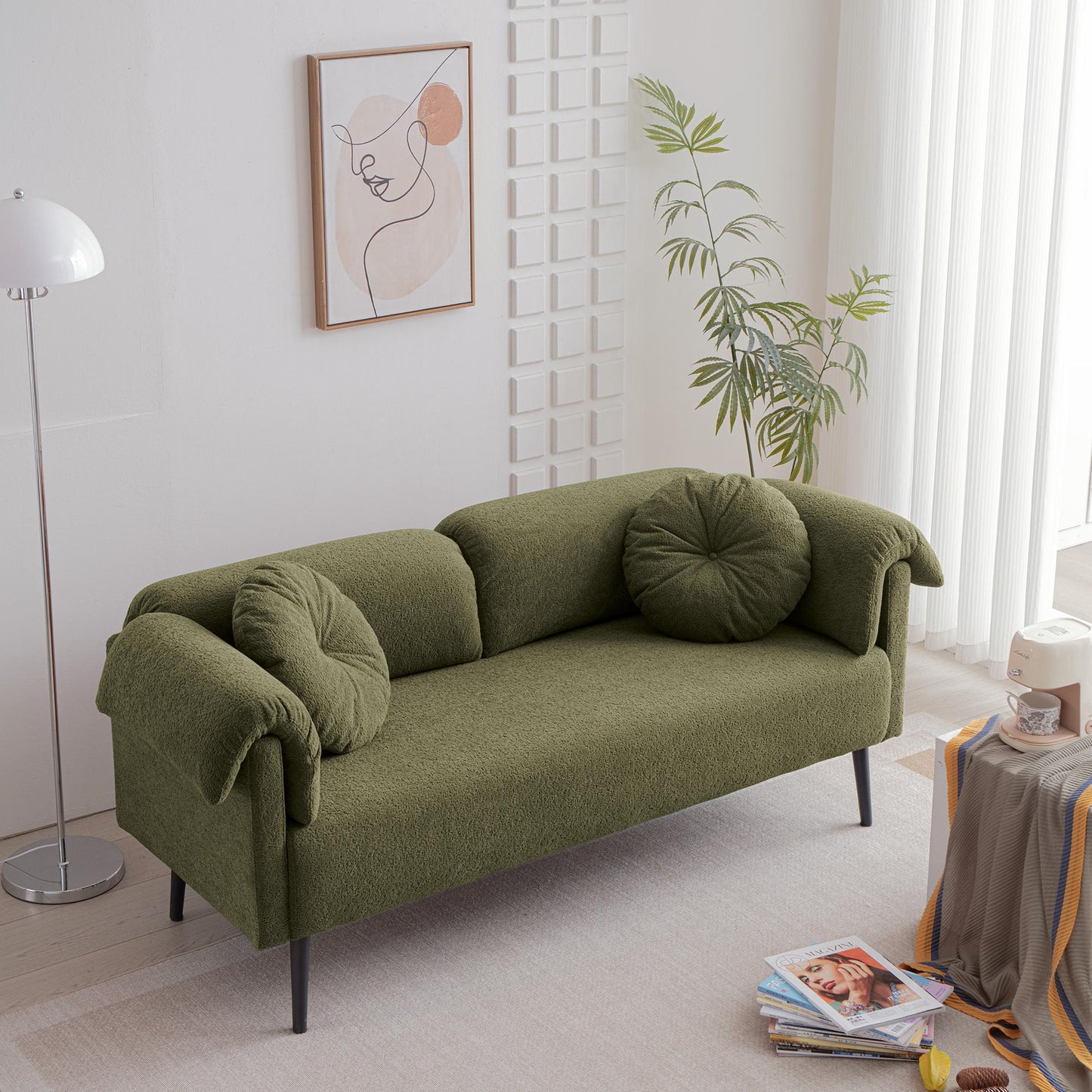 68.5" Modern Lamb Wool Sofa With Decorative Throw Pillows for Small Spaces