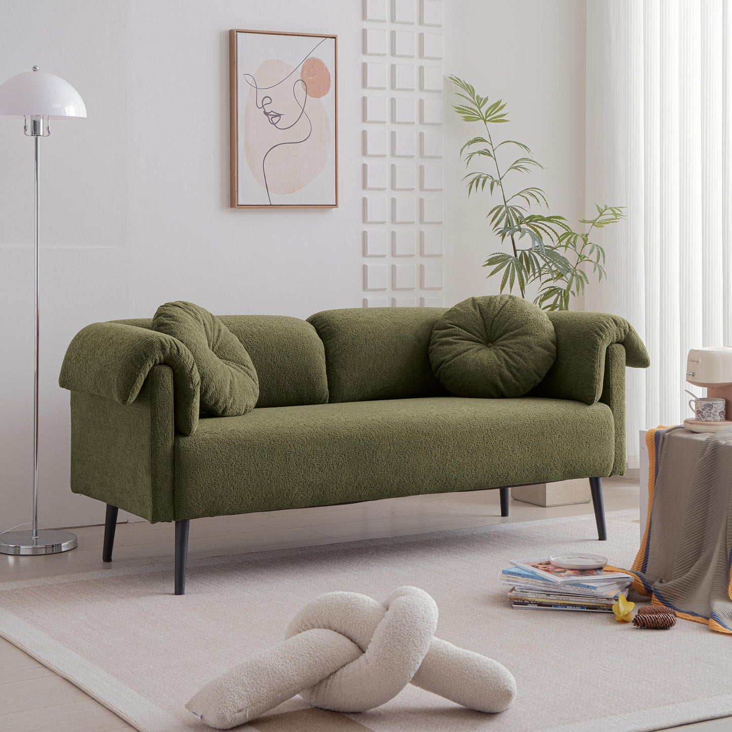 68.5" Modern Lamb Wool Sofa With Decorative Throw Pillows for Small Spaces