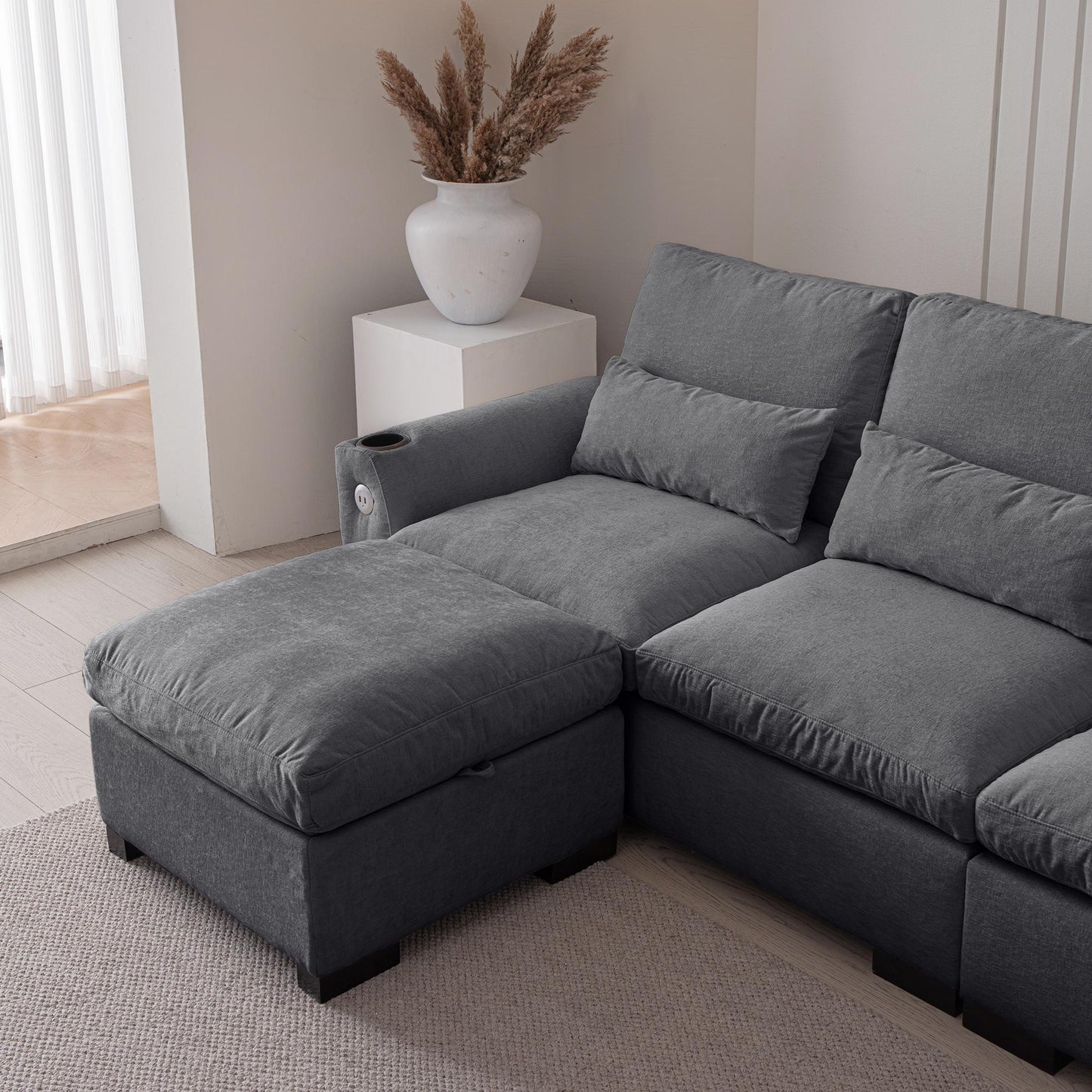 114.5"Modern L Shaped Chenille Sofa Couch Reversible Ottoman With Storage Removable and Washable Cushions Sofa With USB Ports & Cup Holder For Living