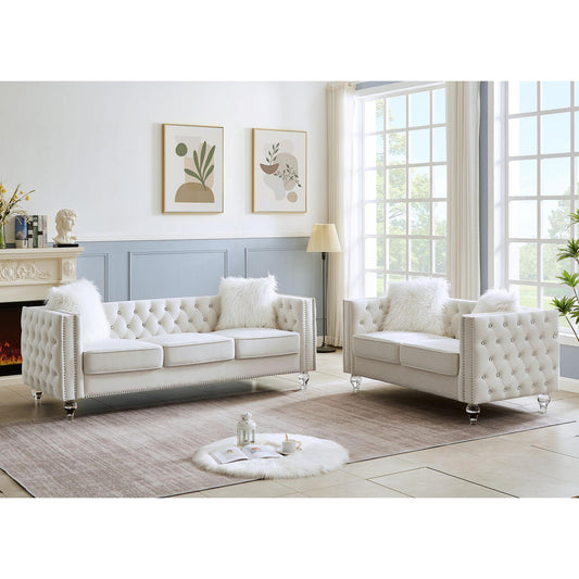 Velvet Upholstery Tufeted Sofa Crystal Feet Removable Cushion