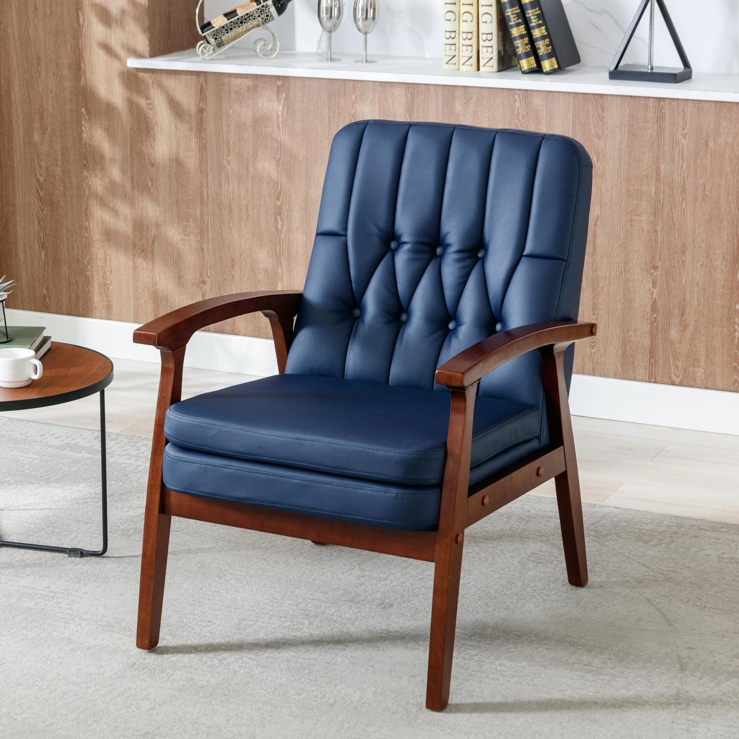 Mid Century Single Armchair Sofa Accent Chair Retro Modern Solid Wood Armrest Accent Chair, Fabric Upholstered Wooden Lounge Chair