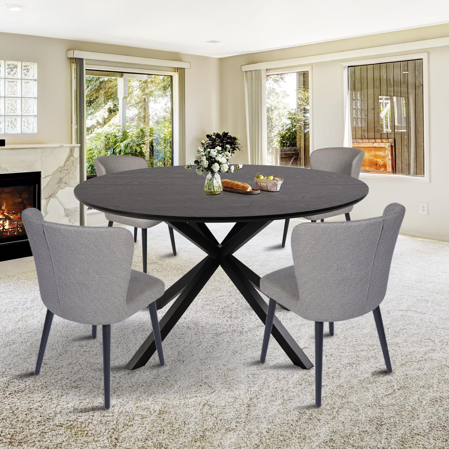 53" Round Mid-Century Modern Wooden Kitchen Dining Table for 4-6 with Solid Metal Leg
