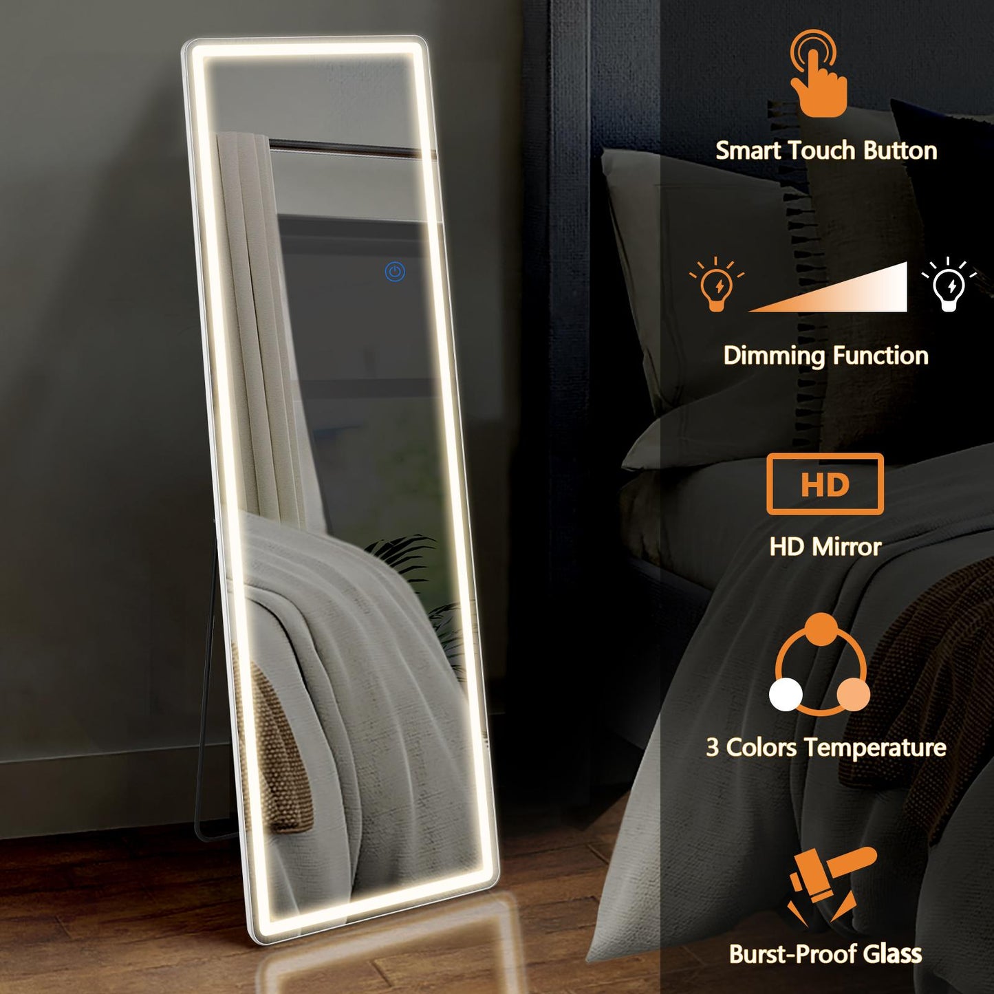 Full Length Mirror with LED Lights, 64"x21" Lighted Floor Standing Mirror with Stand