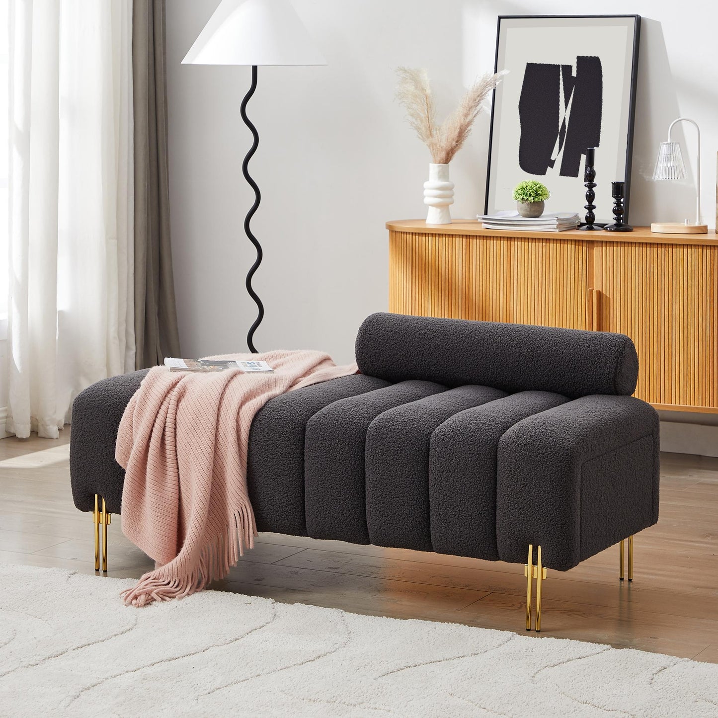 Modern End of Bed Bench Upholstered Teddy Entryway Ottoman Bench Fuzzy Sofa Stool Footrest Window Bench with Gold Metal Legs for Bedroom Apartments