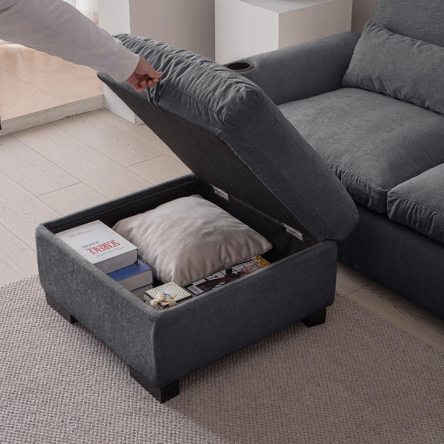 114.5"Modern L Shaped Chenille Sofa Couch Reversible Ottoman With Storage Removable and Washable Cushions Sofa With USB Ports & Cup Holder For Living