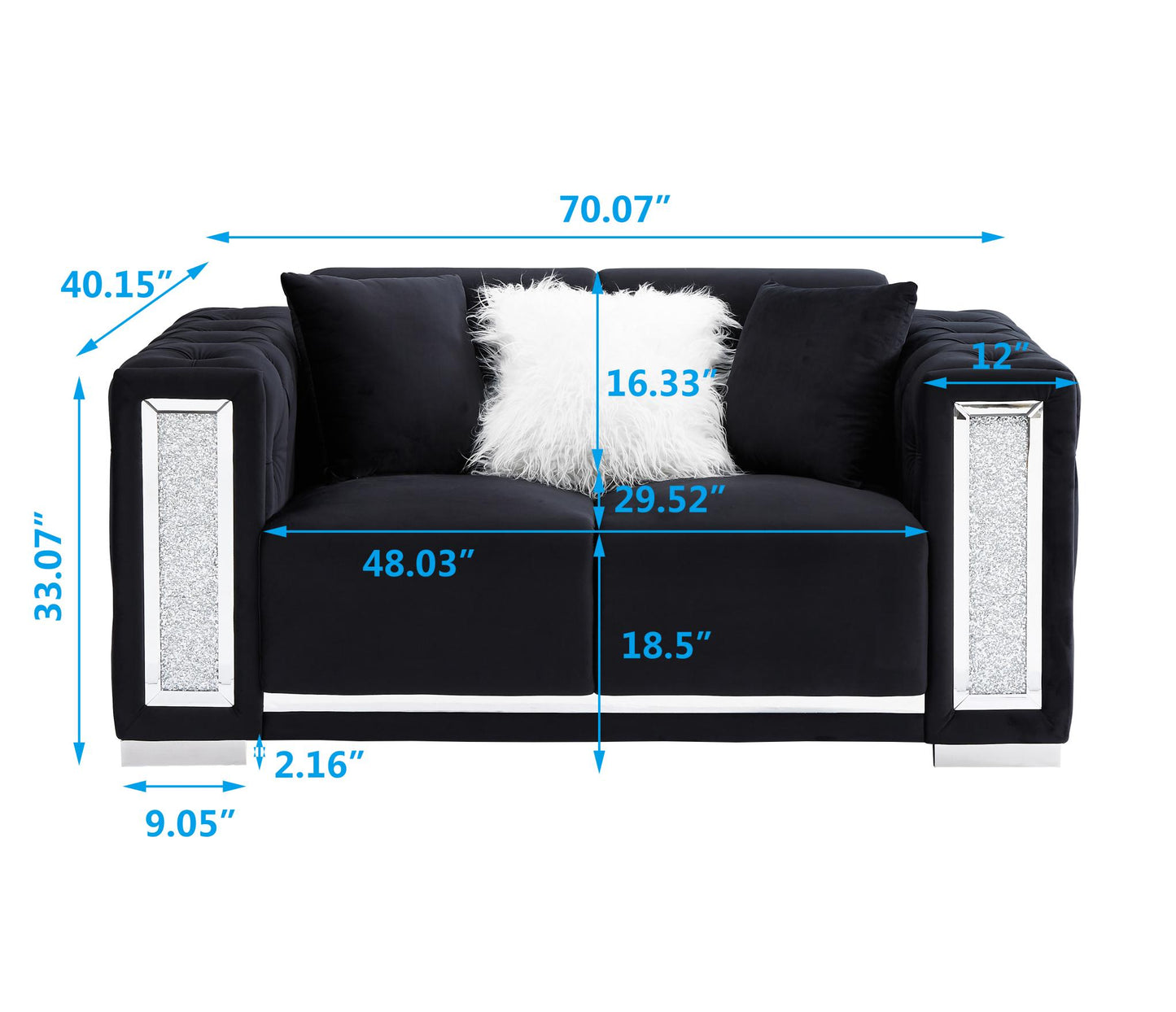 Black Velvet Loveseat for Living Room with Pillows