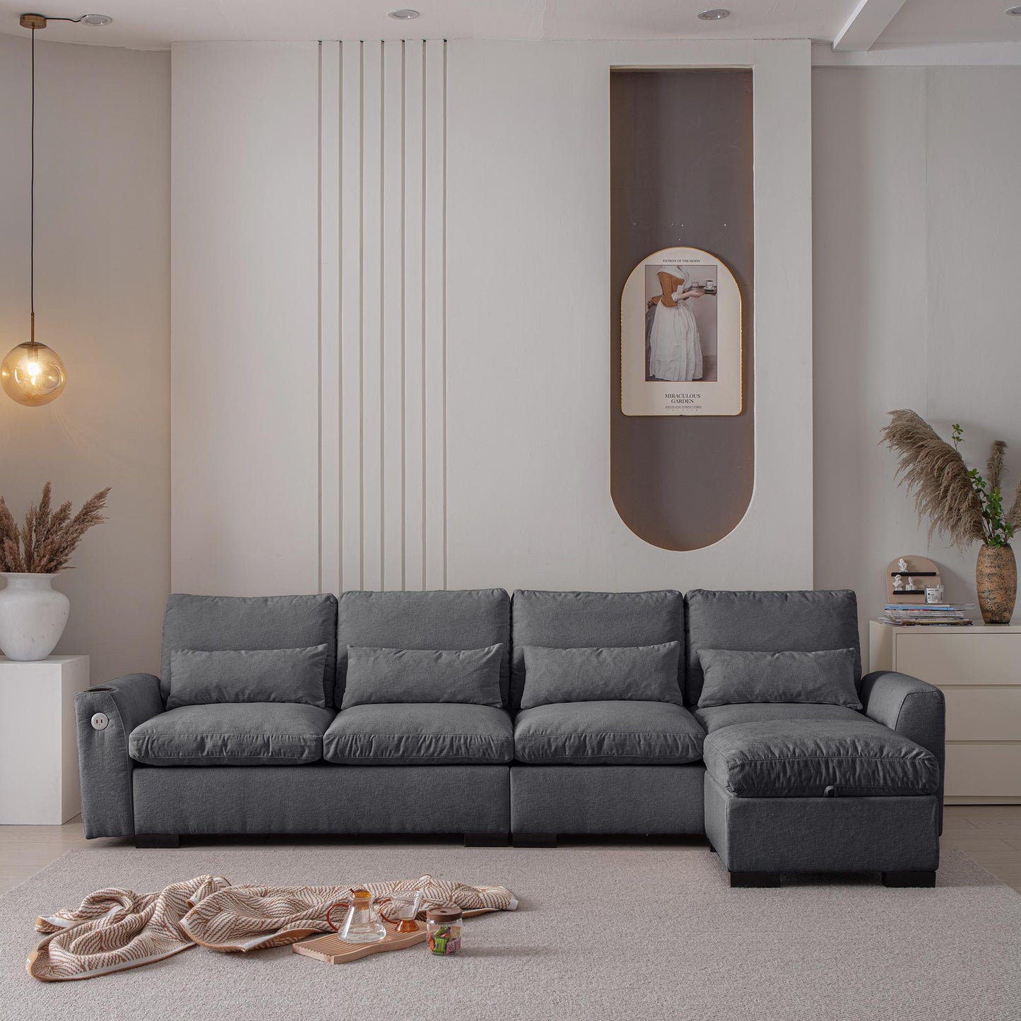 114.5"Modern L Shaped Chenille Sofa Couch Reversible Ottoman With Storage Removable and Washable Cushions Sofa With USB Ports & Cup Holder For Living