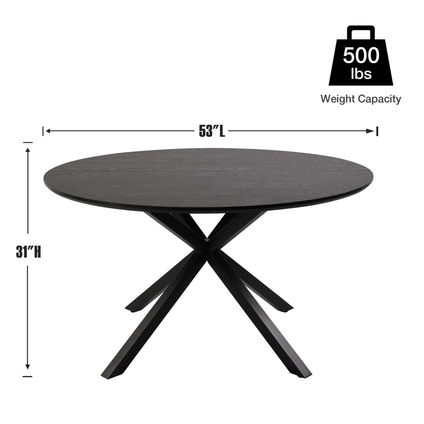 53" Round Mid-Century Modern Wooden Kitchen Dining Table for 4-6 with Solid Metal Leg