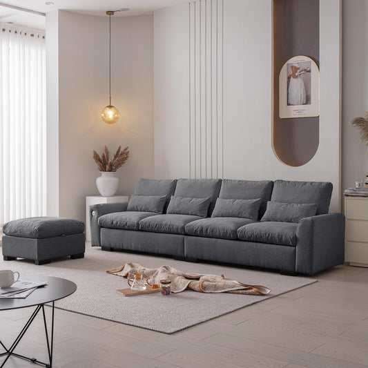 114.5"Modern L Shaped Chenille Sofa Couch Reversible Ottoman With Storage Removable and Washable Cushions Sofa With USB Ports & Cup Holder For Living