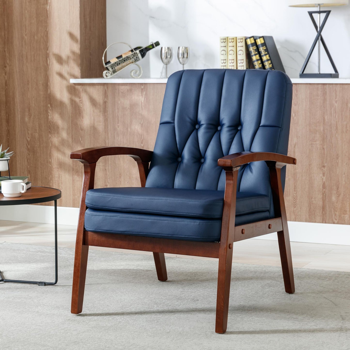 Mid Century Single Armchair Sofa Accent Chair Retro Modern Solid Wood Armrest Accent Chair, Fabric Upholstered Wooden Lounge Chair