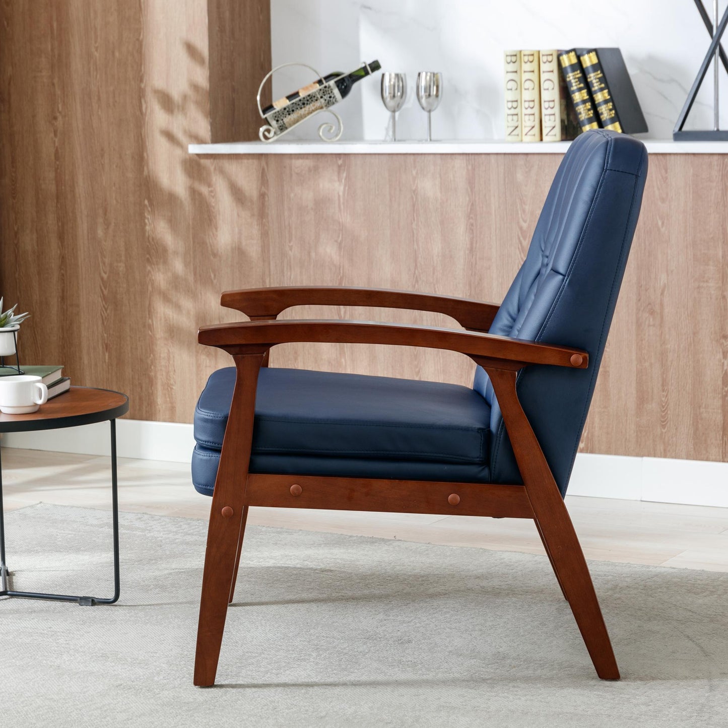 Mid Century Single Armchair Sofa Accent Chair Retro Modern Solid Wood Armrest Accent Chair, Fabric Upholstered Wooden Lounge Chair