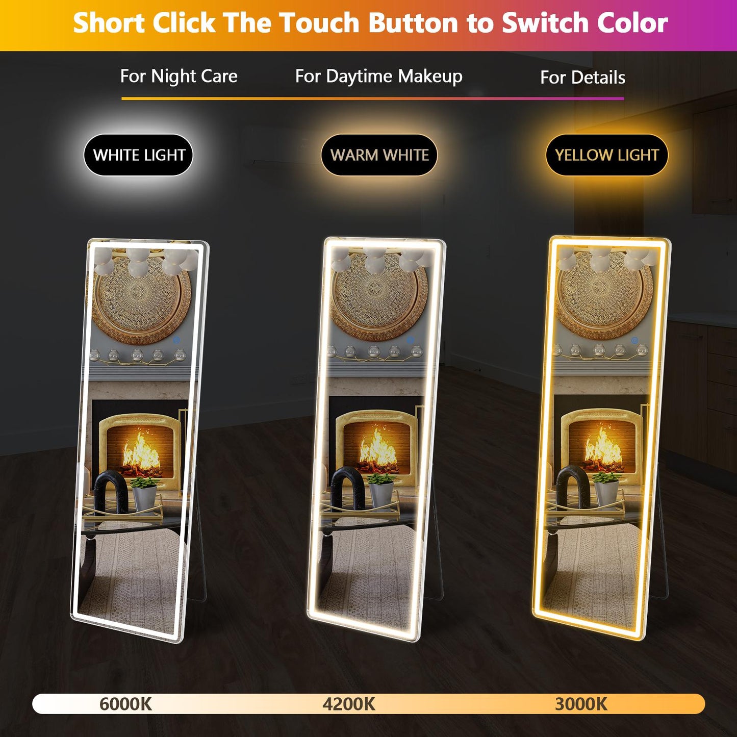 Full Length Mirror with LED Lights, 64"x21" Lighted Floor Standing Mirror with Stand