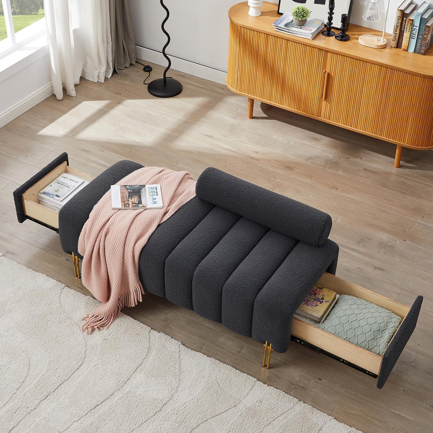 Modern End of Bed Bench Upholstered Teddy Entryway Ottoman Bench Fuzzy Sofa Stool Footrest Window Bench with Gold Metal Legs for Bedroom Apartments