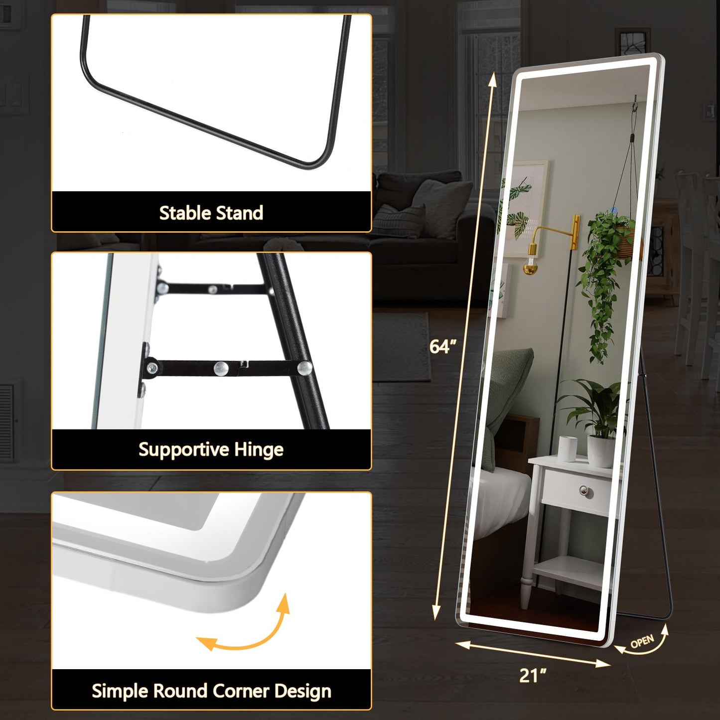 Full Length Mirror with LED Lights, 64"x21" Lighted Floor Standing Mirror with Stand