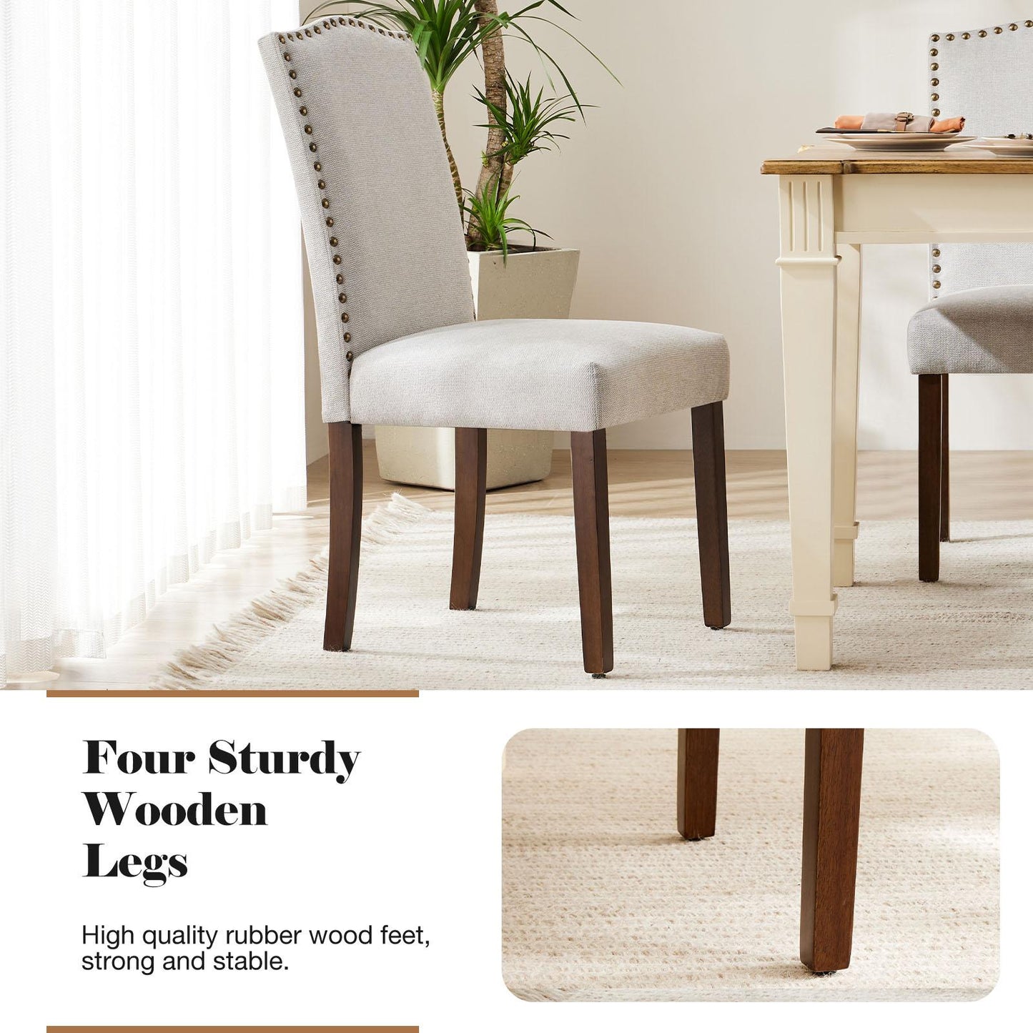 Living Room, Upholstered Leather Dining, Parsons Nailhead Trim and Wood Legs（2PCS）